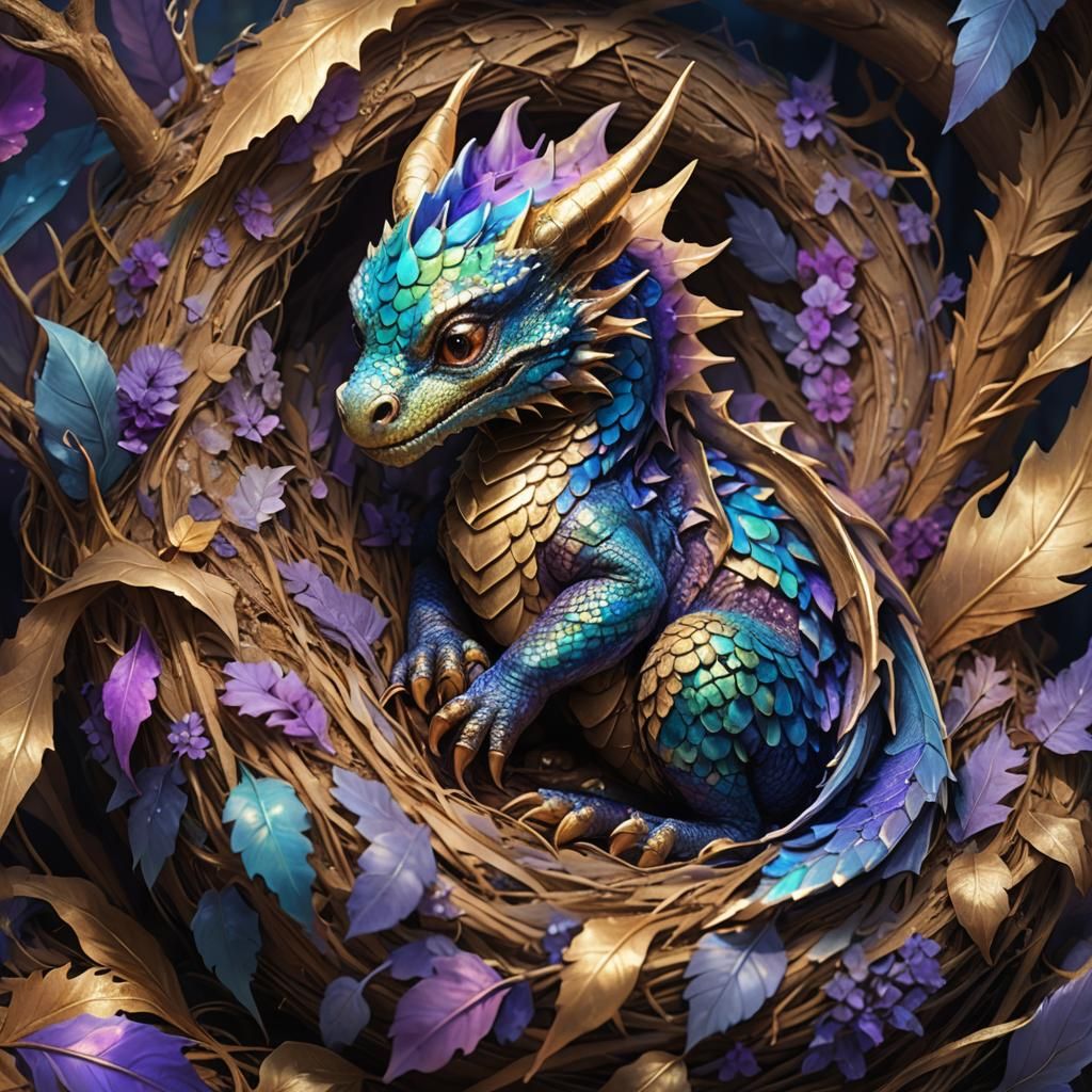 Baby Dragon Asleep in Nest: Hyperrealistic Concept Art