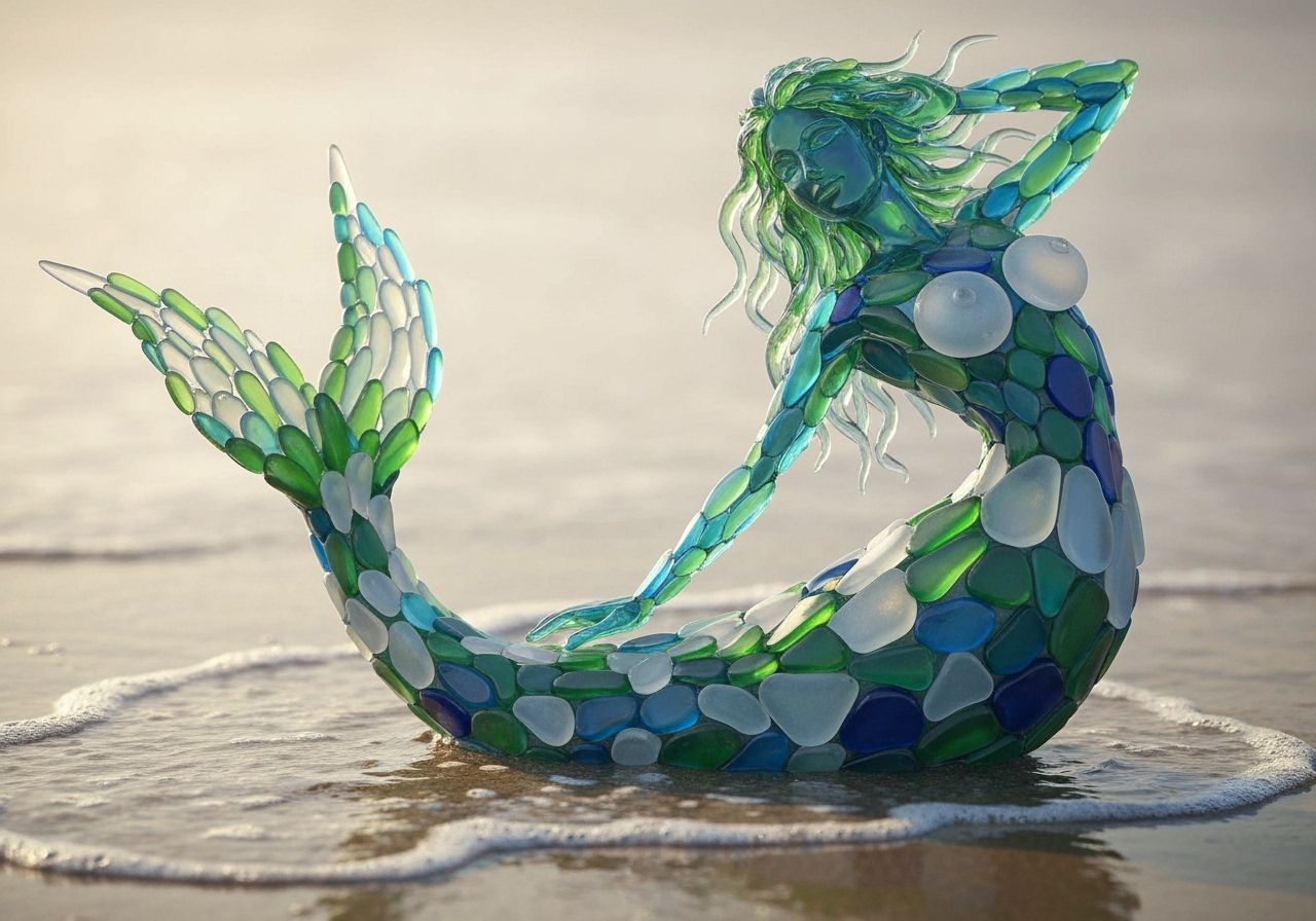 Sea Glass Mermaid Sculpture on Beach