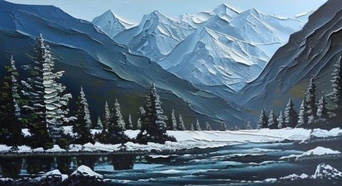 Snowy Mountain River: Impasto Realism Art