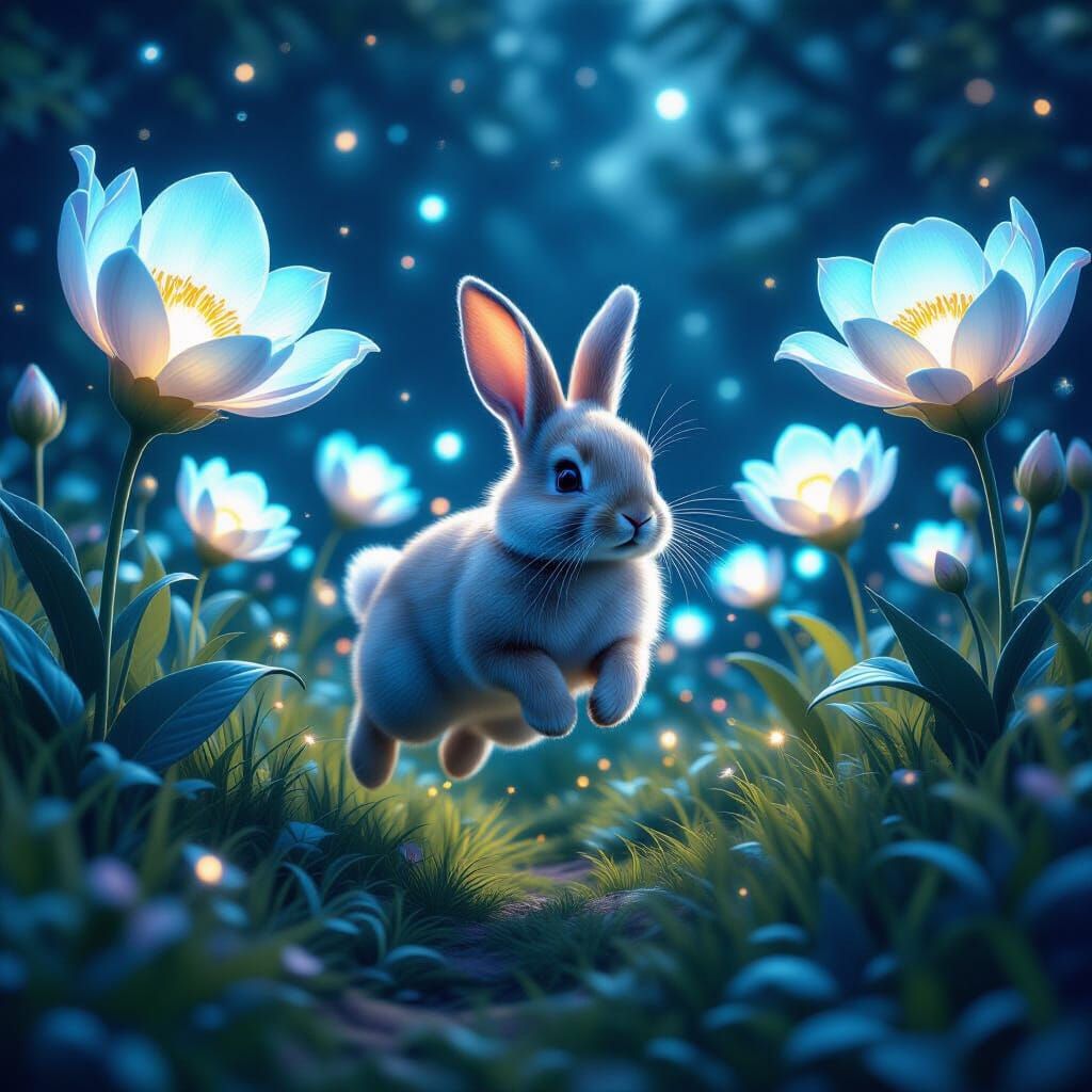 Whimsical Rabbit in Glowing Flower Meadow