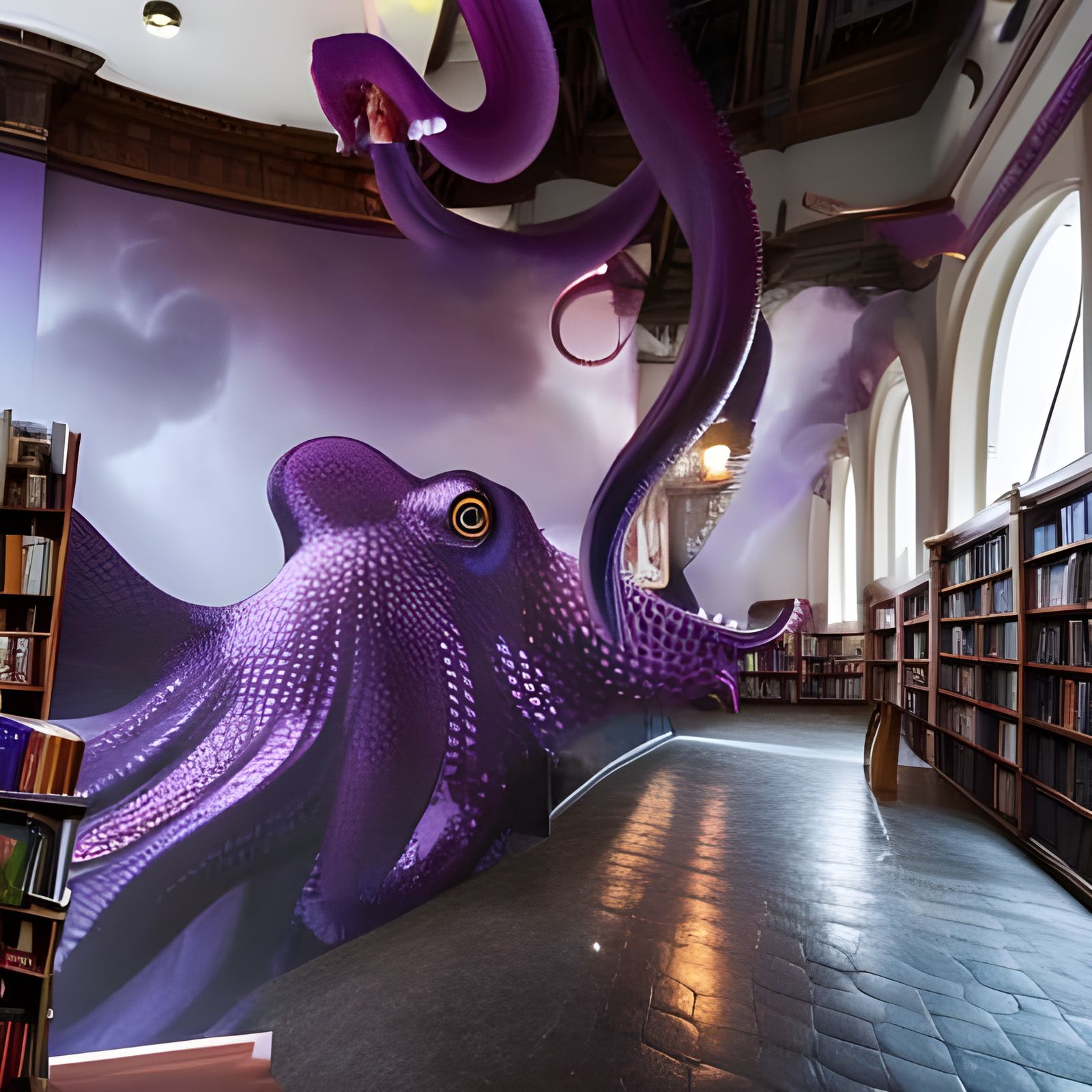 Giant Purple Octopus Escapes Storybook Illustration