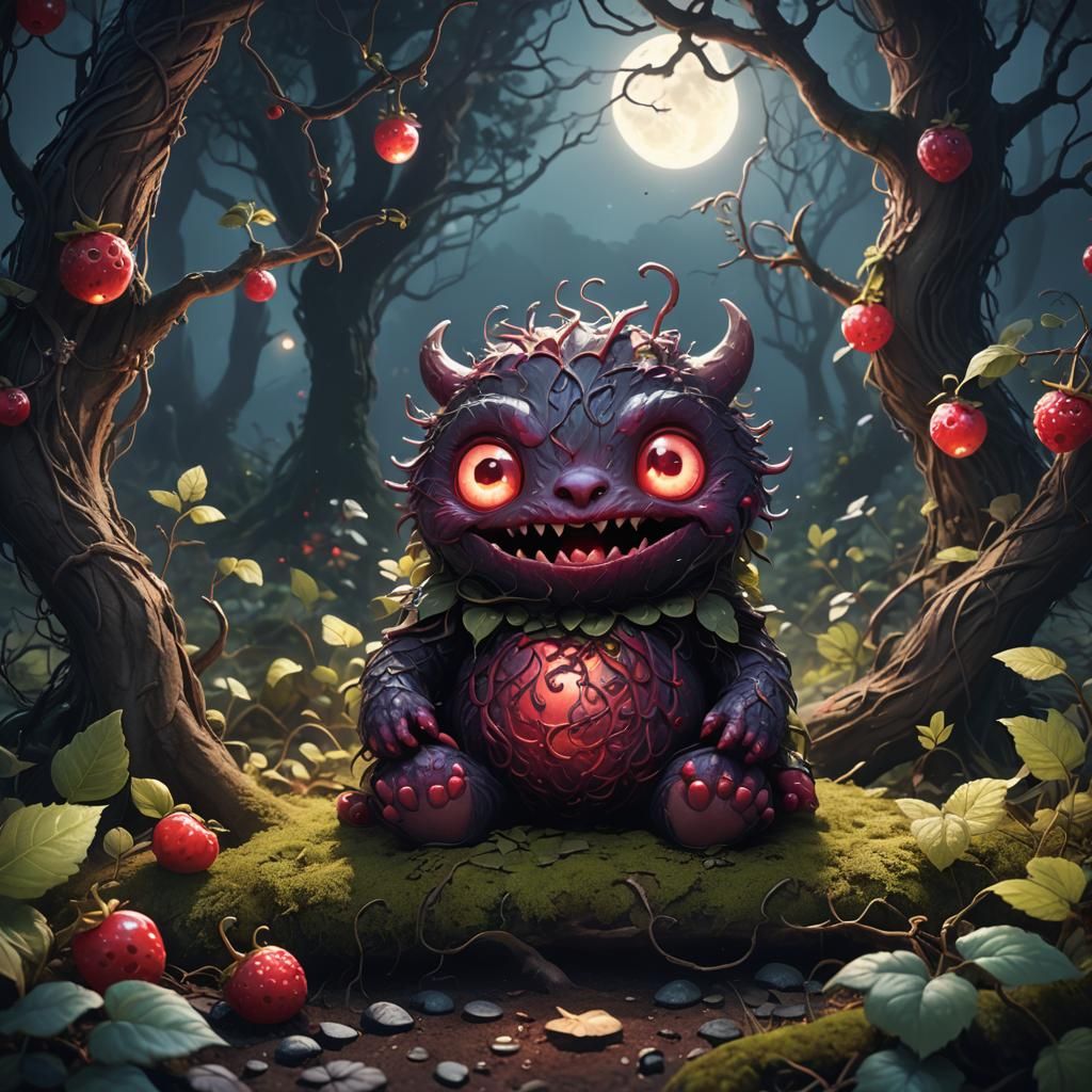 Berry Monster in Mystical Forest: Fantasy Art