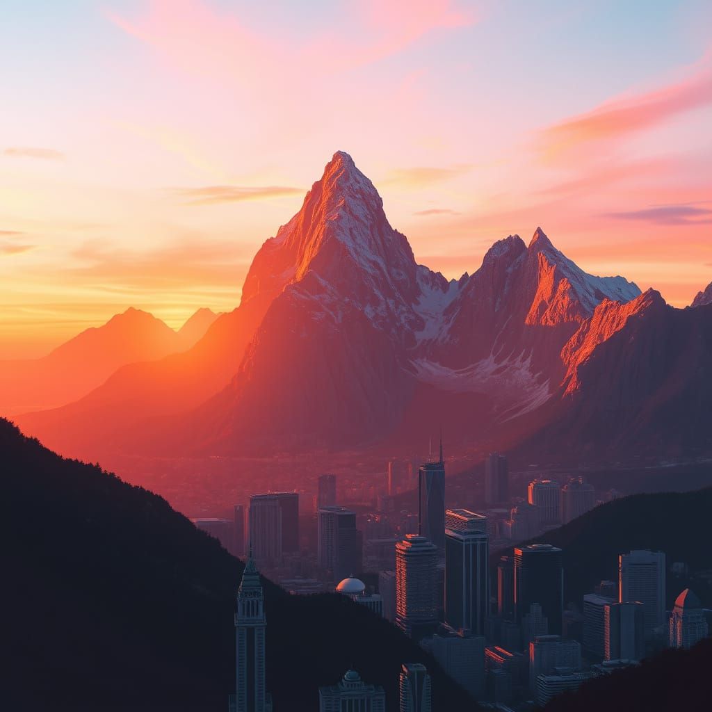 Mountain Meets City: Sunset in Surreal Style