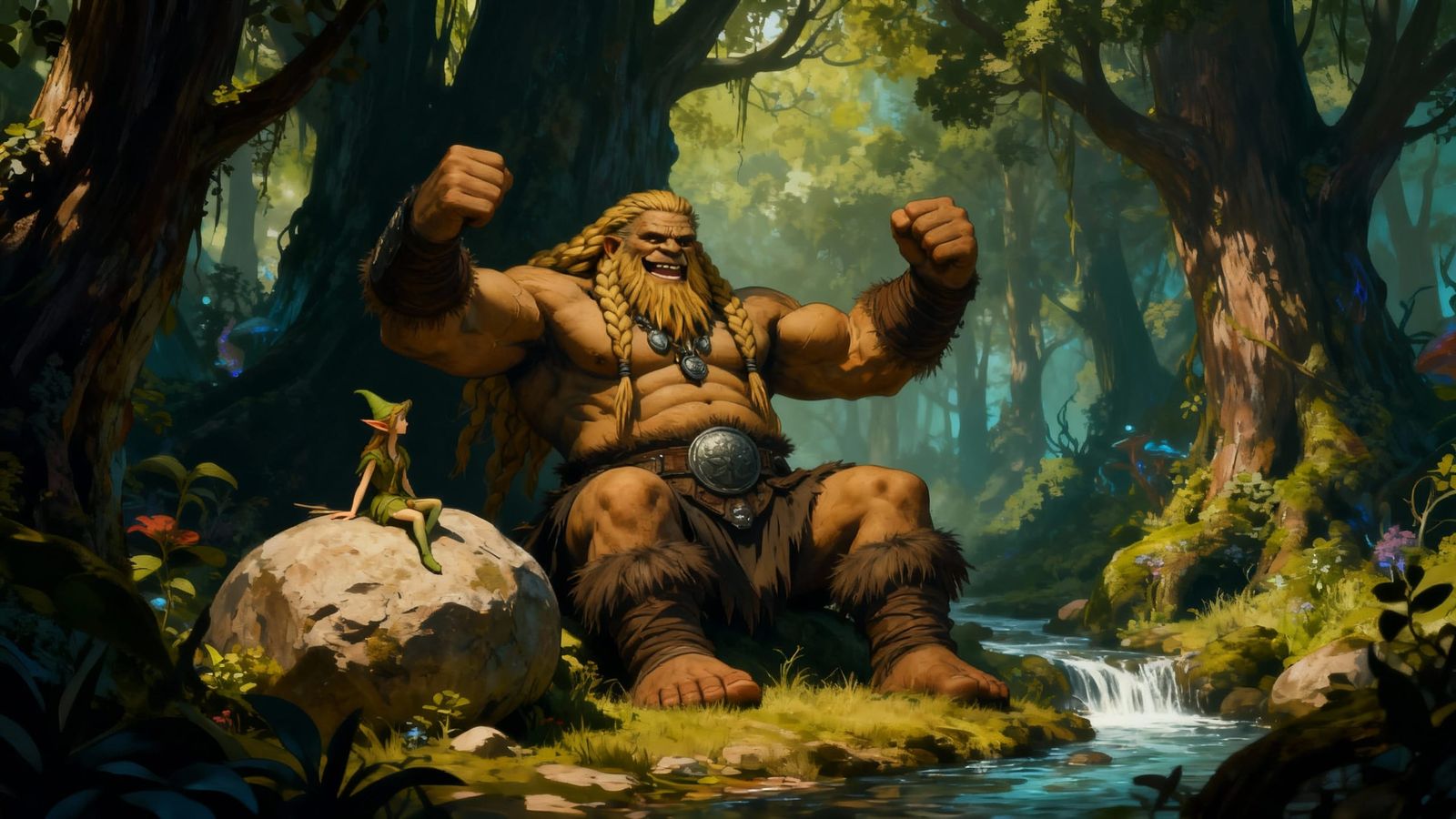 Friendly Giant Cyclops Chats With Elf in Magical Forest