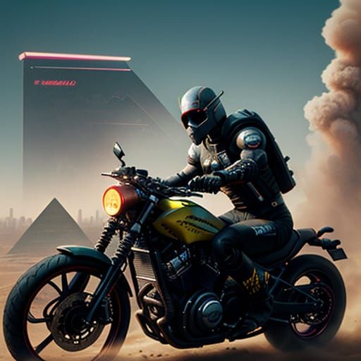 Cyberpunk Motorcycle Rides into a Desert Storm