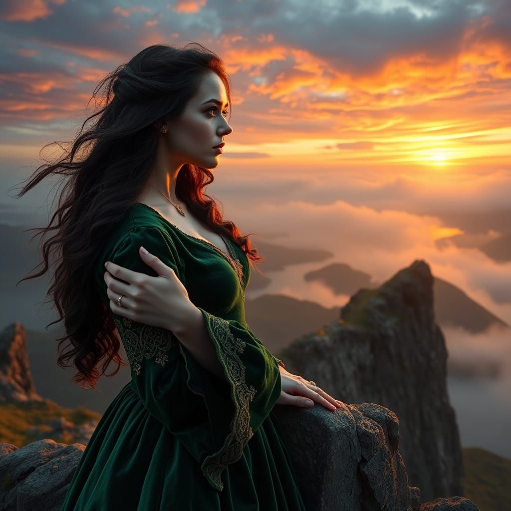 Elegant Highland Noblewoman Gazing Out at the Fjords