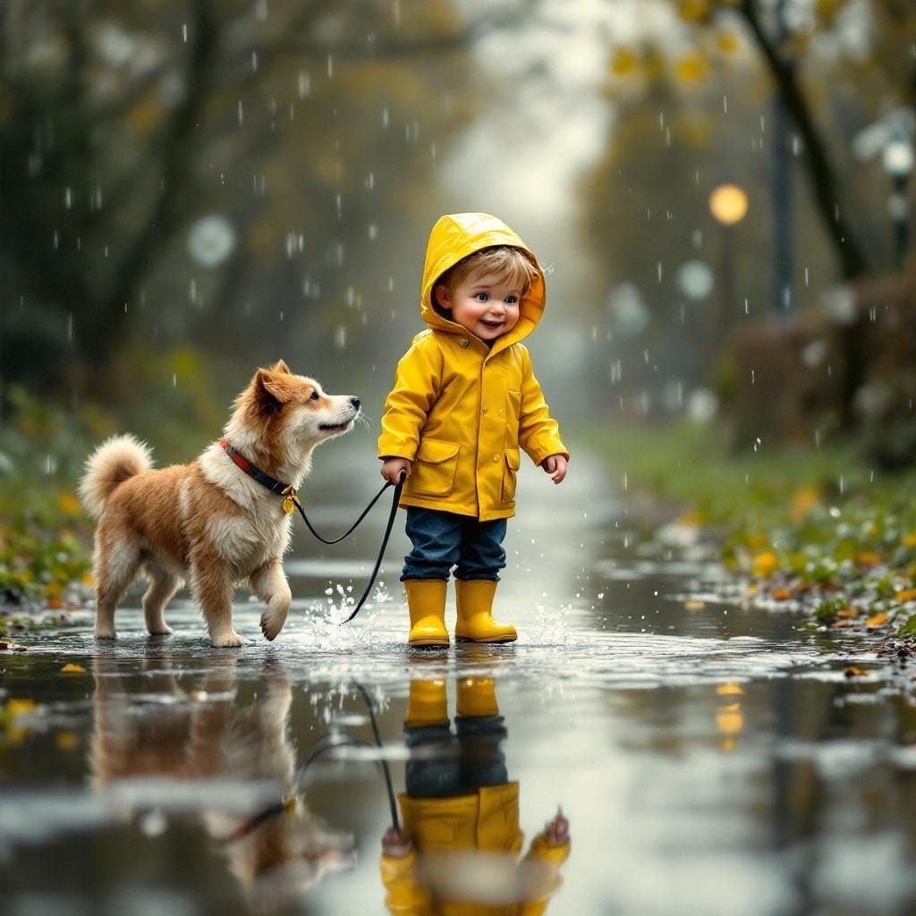 Boy Splashing in Puddle, Storybook Illustration