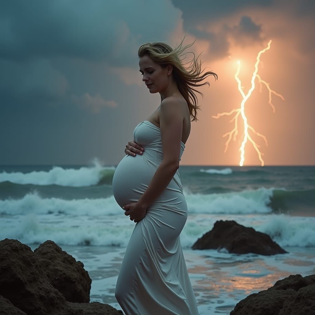 Pregnant Woman in Stormy Weather, Dramatic Lighting