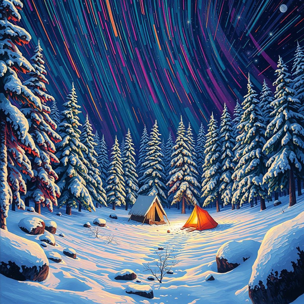 Snowy Campsite Under Starry Night Sky in Vibrant Oil Gouache...