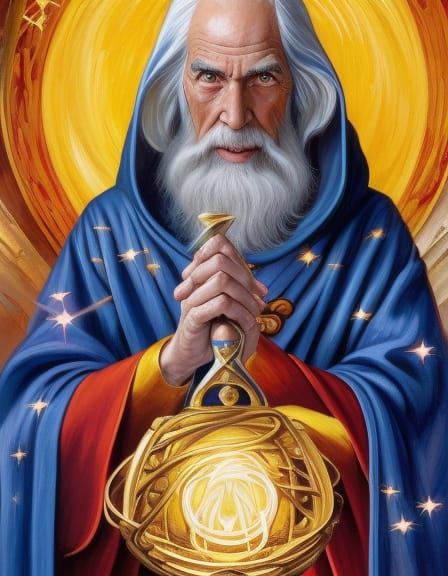 Energetic Wizard Portrait in Maximalist Style