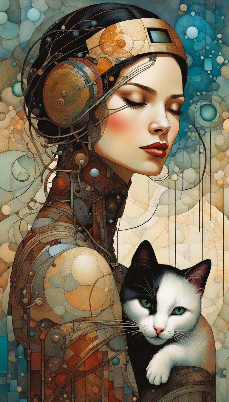 Cyborg Woman with Kitten: Surrealist-Inspired Portrait