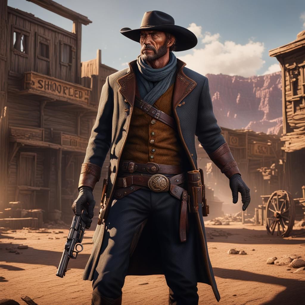 Gunslinger in Cowboy Shootout, Detailed Matte Painting
