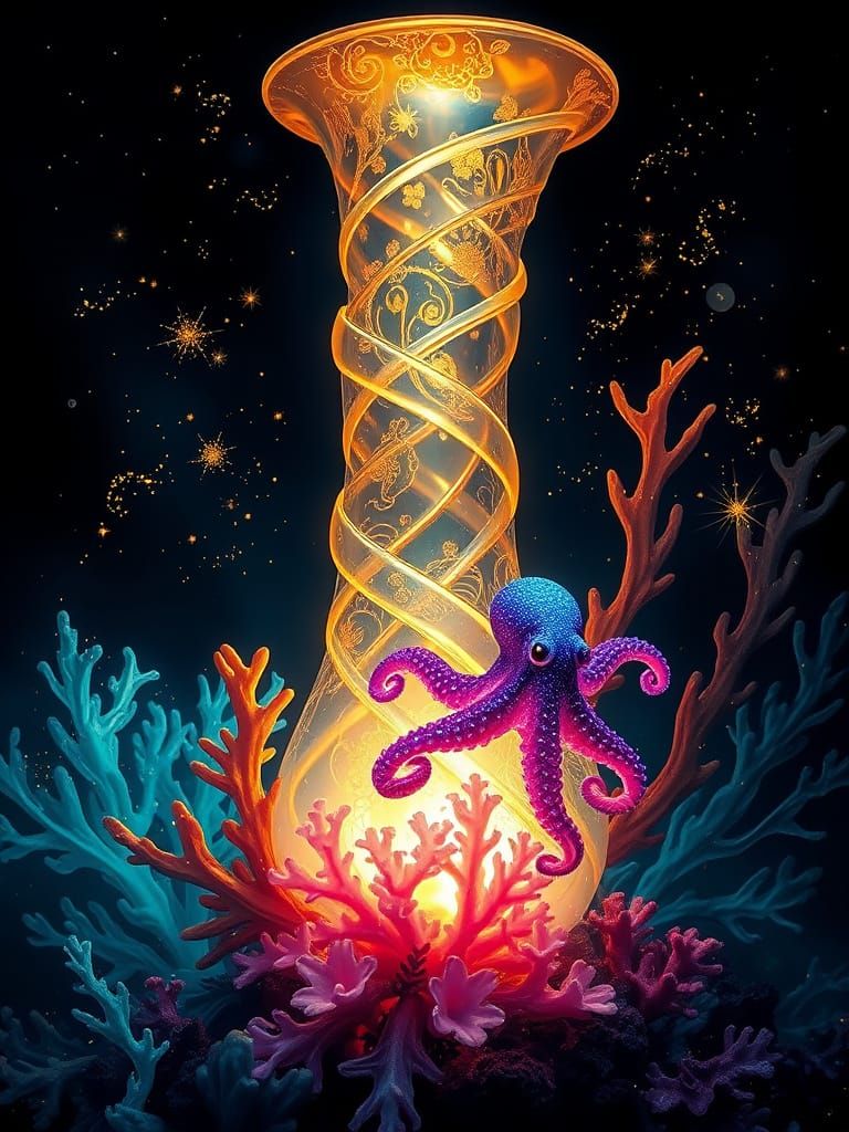 Bioluminescent Hot Alcohol Ink Art: Glowing Vase and Octopus