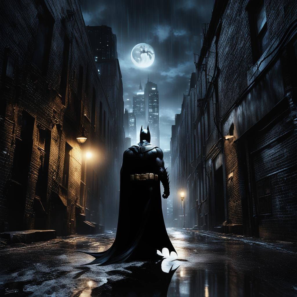 Batman in Dark Gotham City Alleyway, Made of Black Liquid Oi...