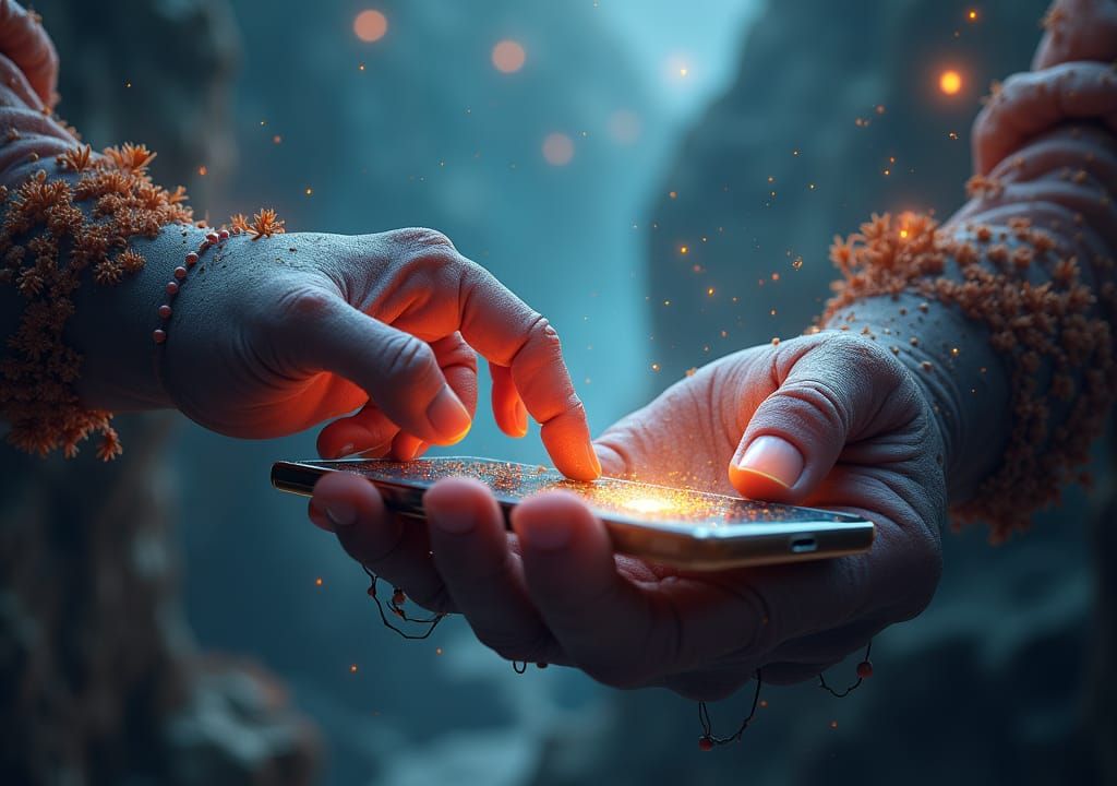 Hand Pushing Phone in Fantastical Landscape