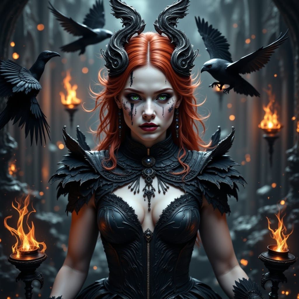 Fae Witch Surrounded by Crows and Wildfire
