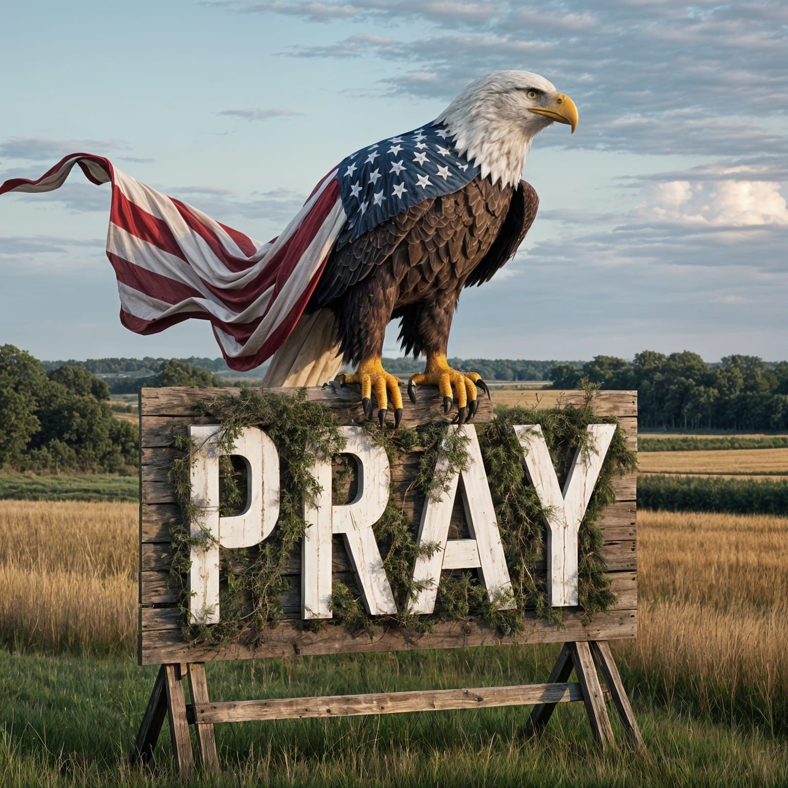 Majestic Bald Eagle in Patriotic Cape Praying