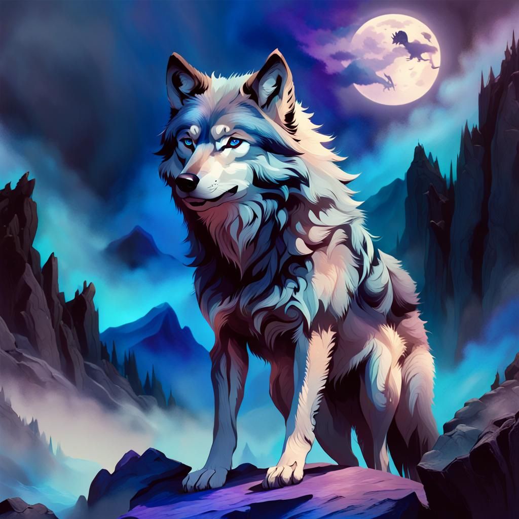 Otherworldly Wolf in Iridescent Blues and Purples