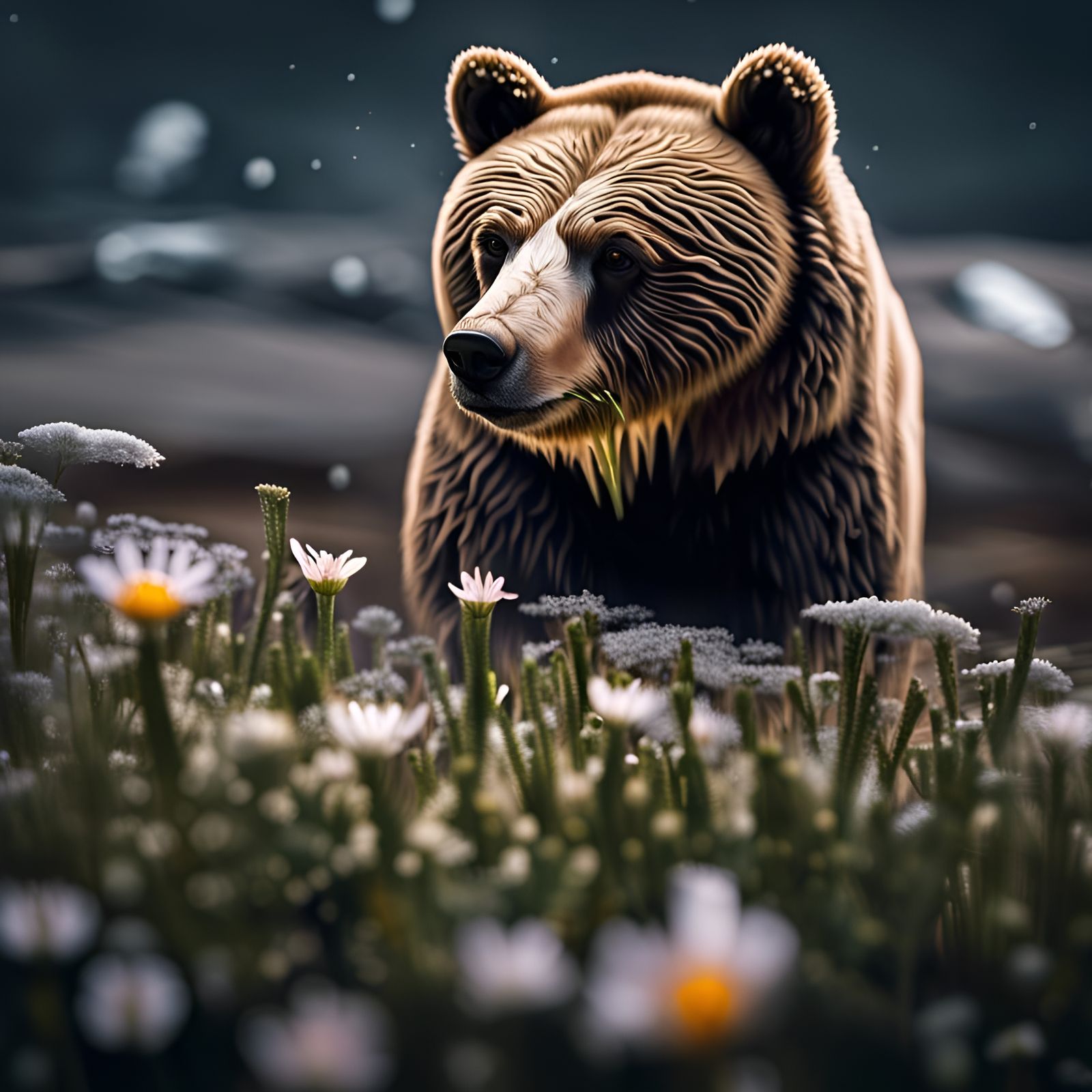 Bear and Spring Wildflower in Hyperrealistic Detail