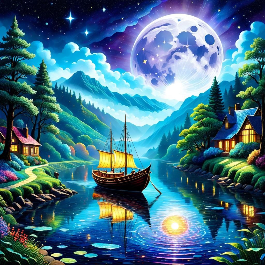 Whimsical Stained Glass Dreamscape with Moon