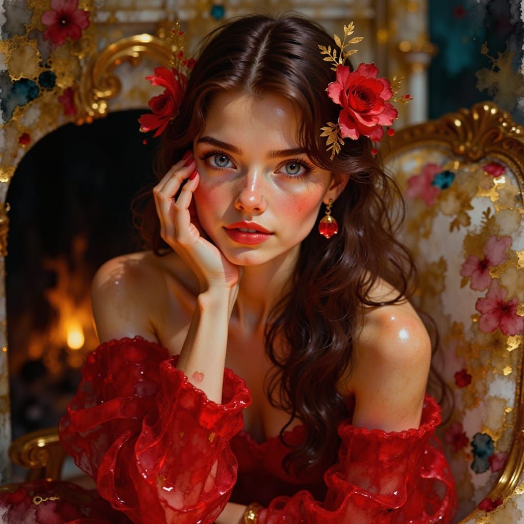 Vibrant Portrait of a Woman with Flowers and Jewels