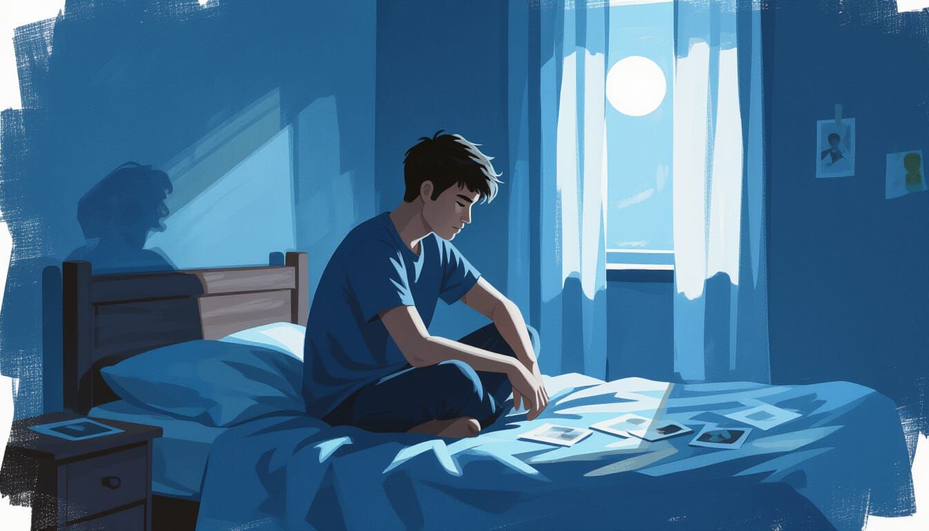 Introspective Young Man in Moody Room, Soft Oil Paint Textur...