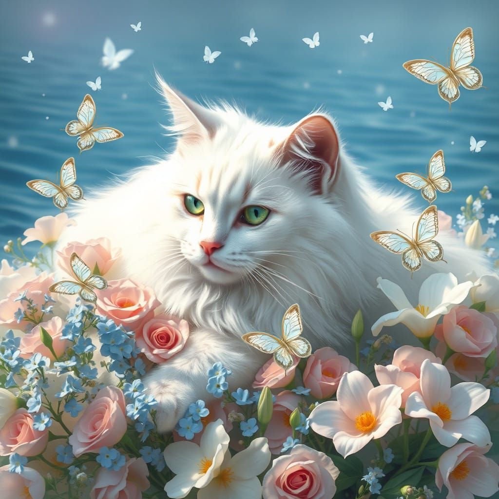 Elegant White Cat Surrounded by Soft Flowers and Mariposas i...