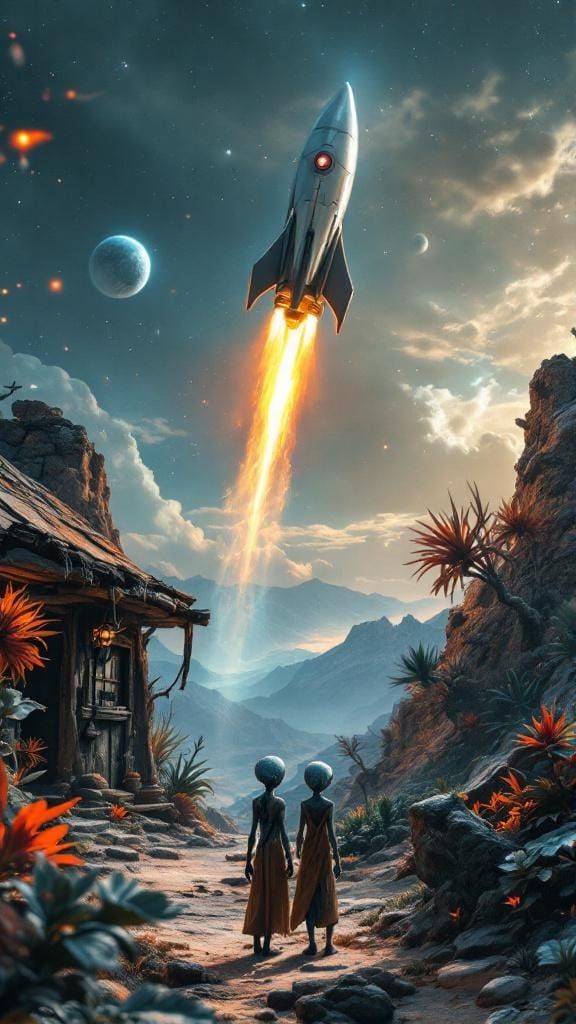 Aliens Observe Earth Rocket Soaring Overhead