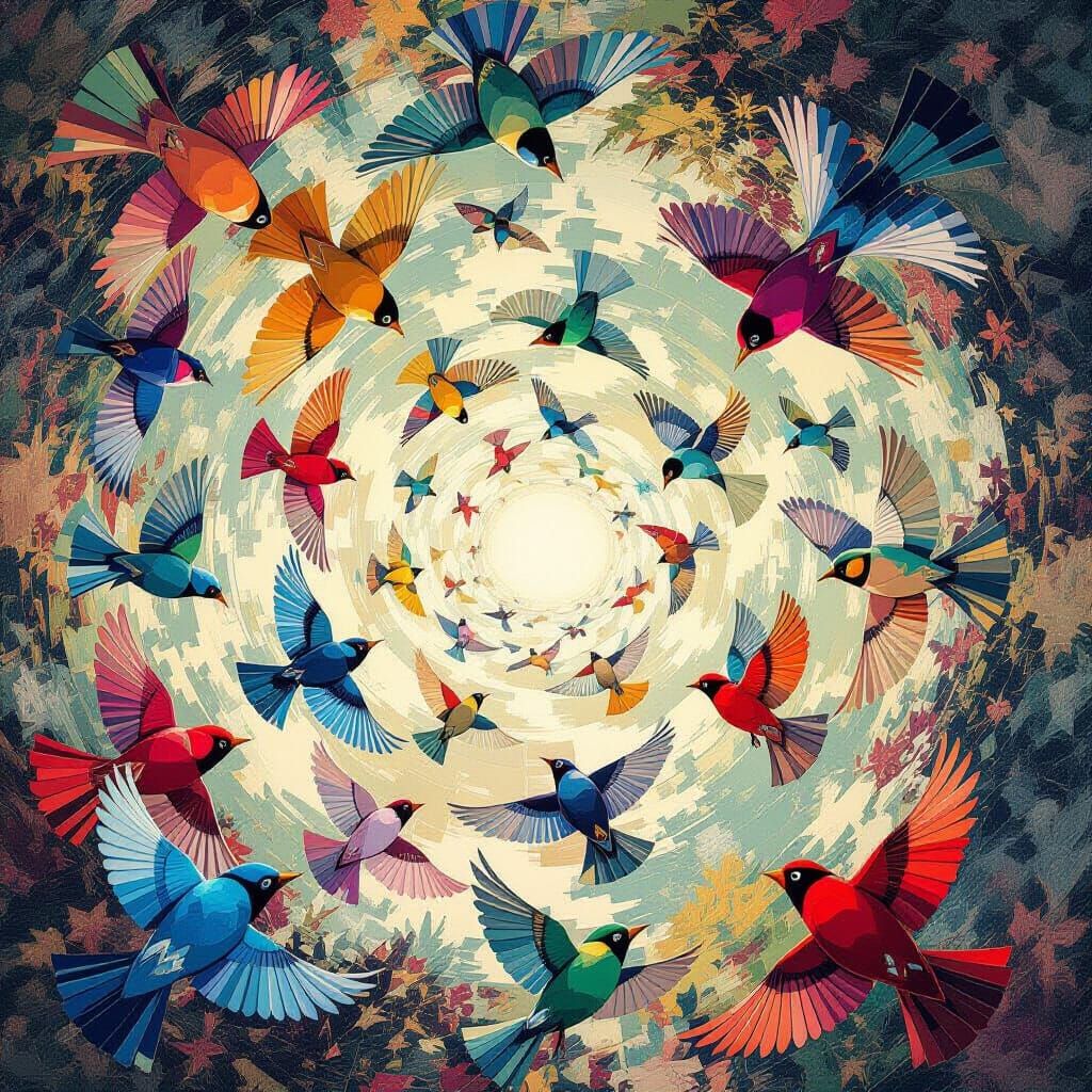 Kaleidoscopic Swirl of Colorful Birds in Flight