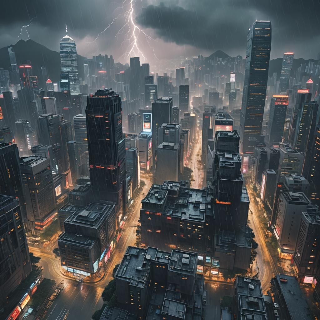 Hong Kong Central in Heavy Rain with Lightning