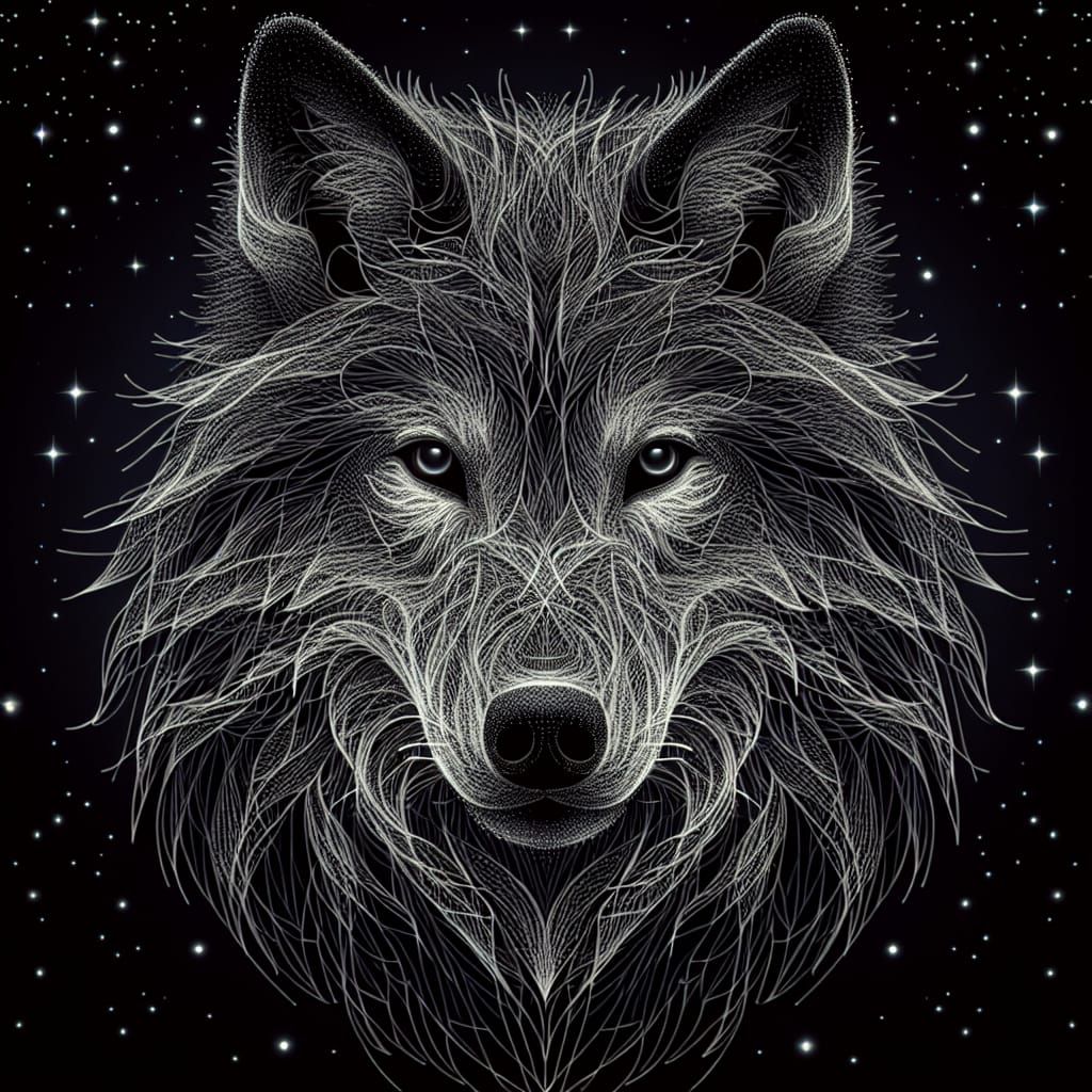 Image of a wolf made up of thousands of very thin glowing li...
