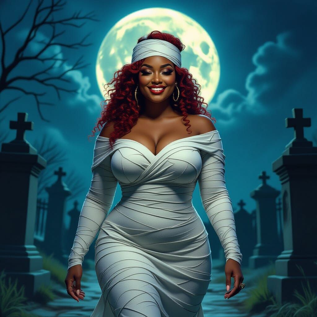 Elegant Mummy Woman in Moonlit Cemetery