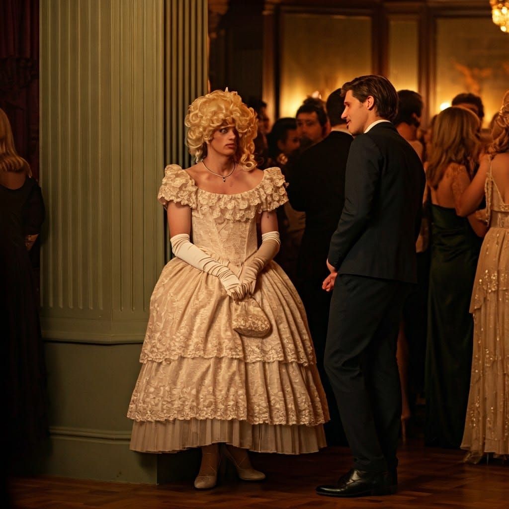 Nervous Young Man in Southern Belle Gown at Party
