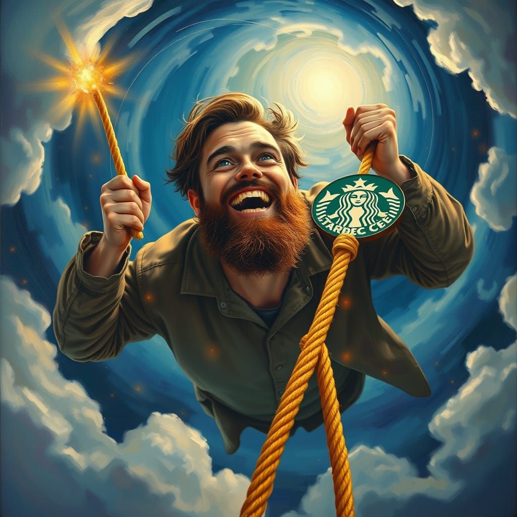 Man in Heavenly Vortex: A Surrealist Oil Painting