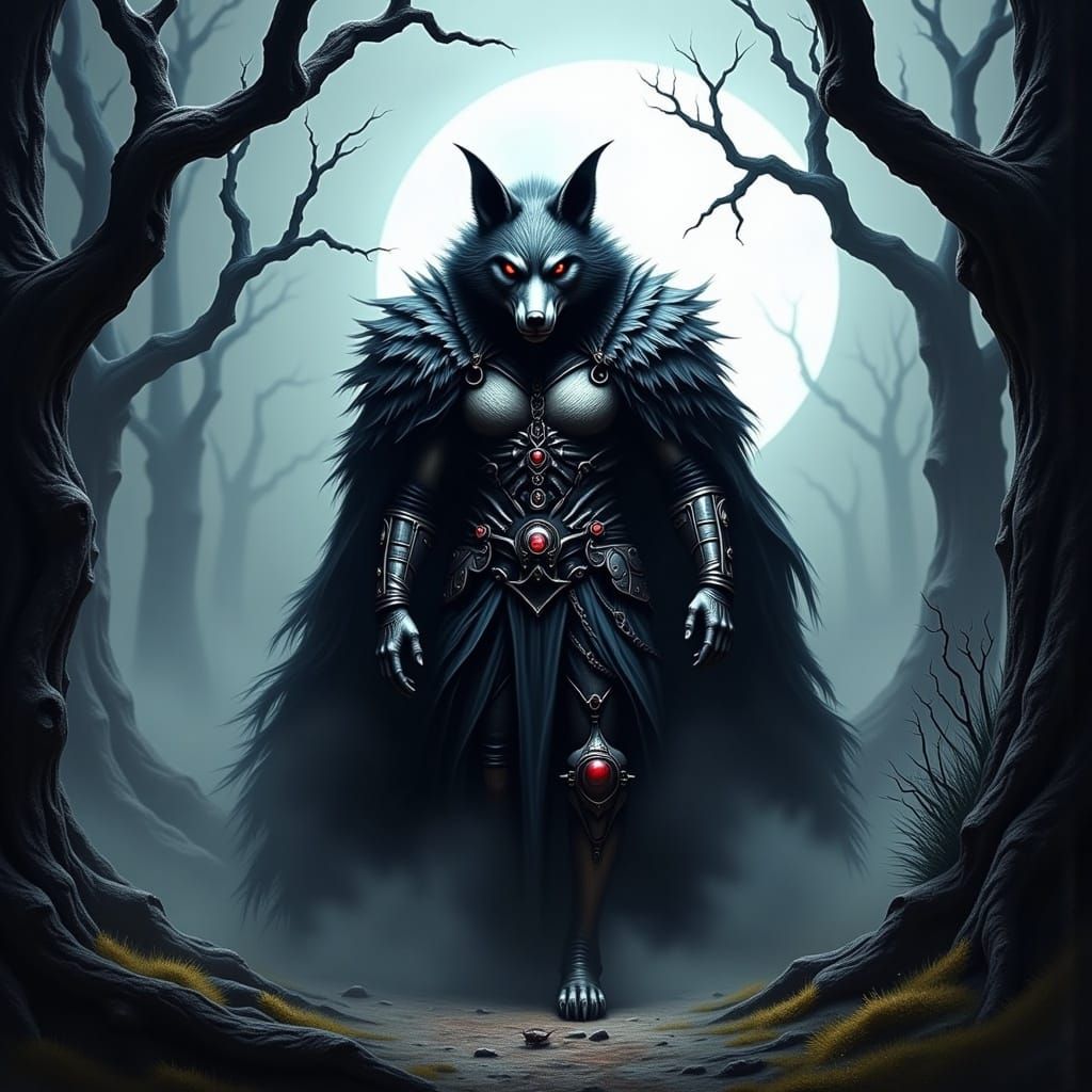 Mysterious Wolf Warrior in Eerie Forest