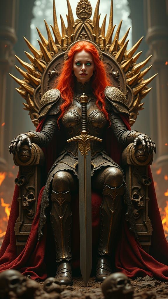 Warrior Queen on Bone Throne in Gothic Hall