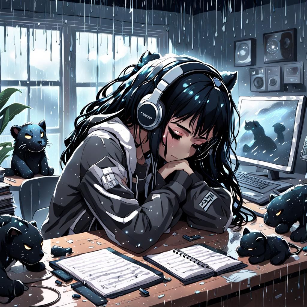 Anime Teenage Girl Crying in Bedroom, Ghibli-style