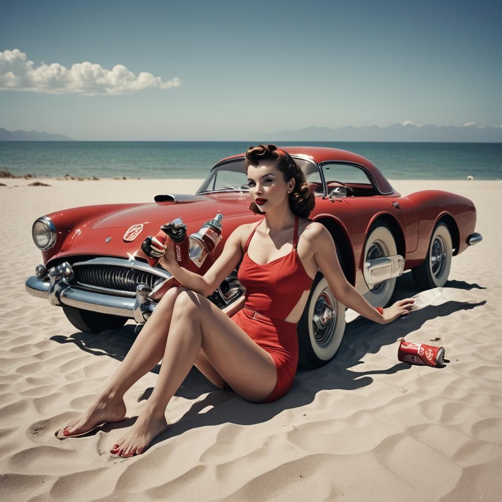1950s Pin-Up Girl Lounging on Sports Car