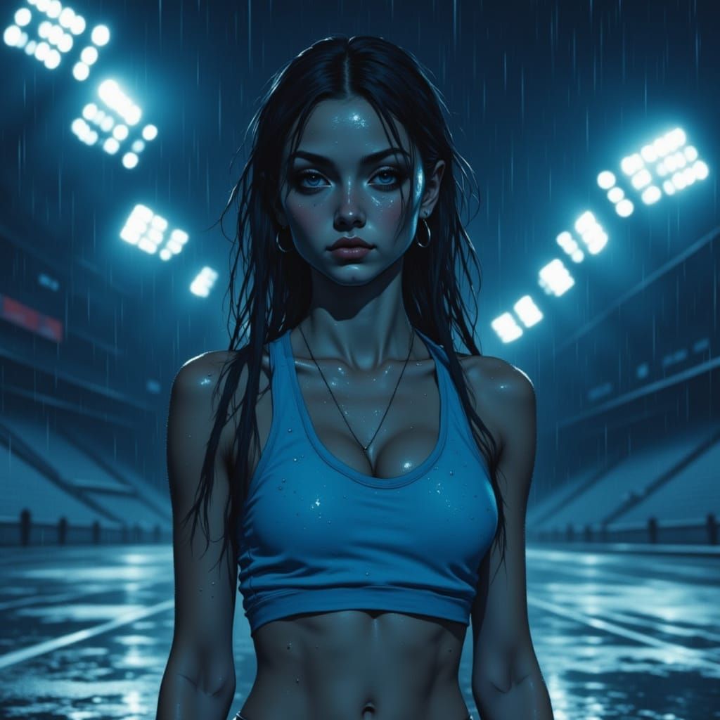 Rainy Stadium: Cinematic Athlete in Photorealistic Style