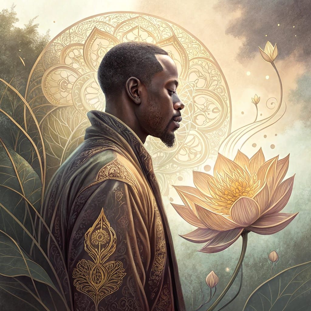 African American Man in Elegant Lotus-Inspired Digital Art