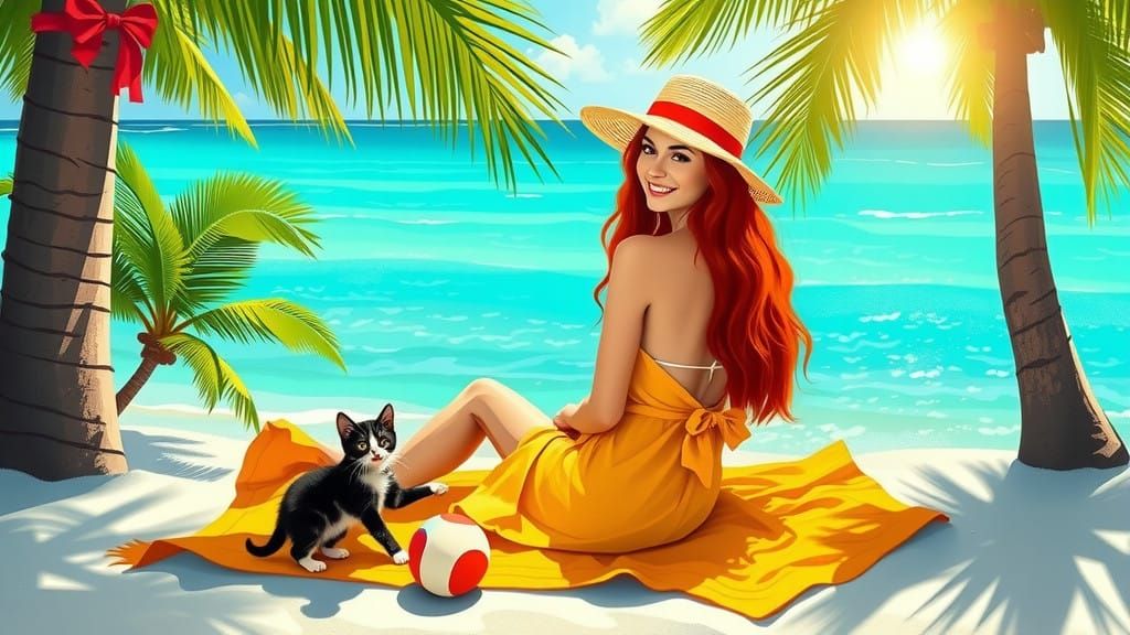 Impressionist Summer Beach Scene with Redhead and Tuxedo Kit...
