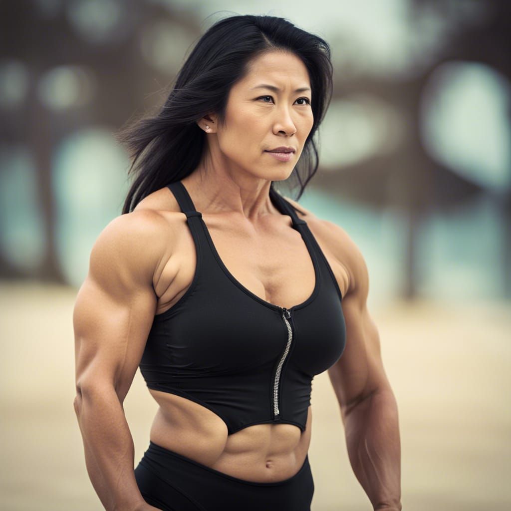 Muscular Asian Woman Bodybuilder on Beach