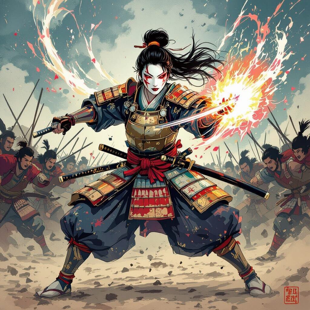 Japanese Warrior Unleashes Magic in Hokusai Style