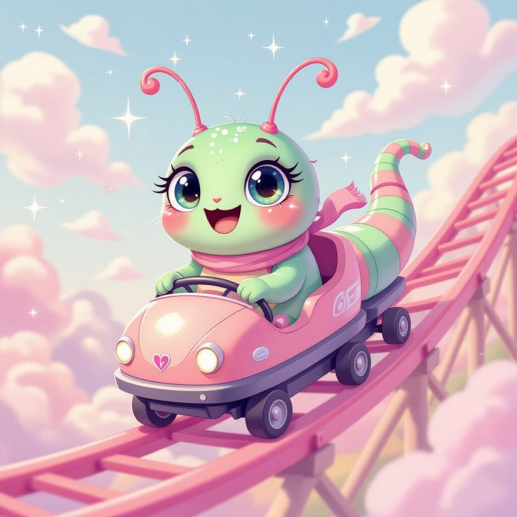 Excited Caterpillar's Rollercoaster Ride in Pastel Colors
