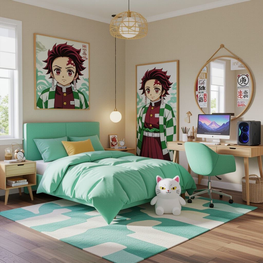 Pastel Green Bedroom with Tanjiro Art and Abstract Rug