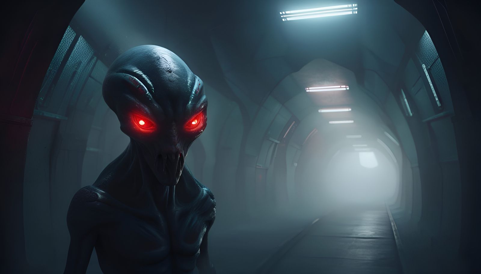 Creepy Alien Monster in a Foggy Tunnel: 3D Render