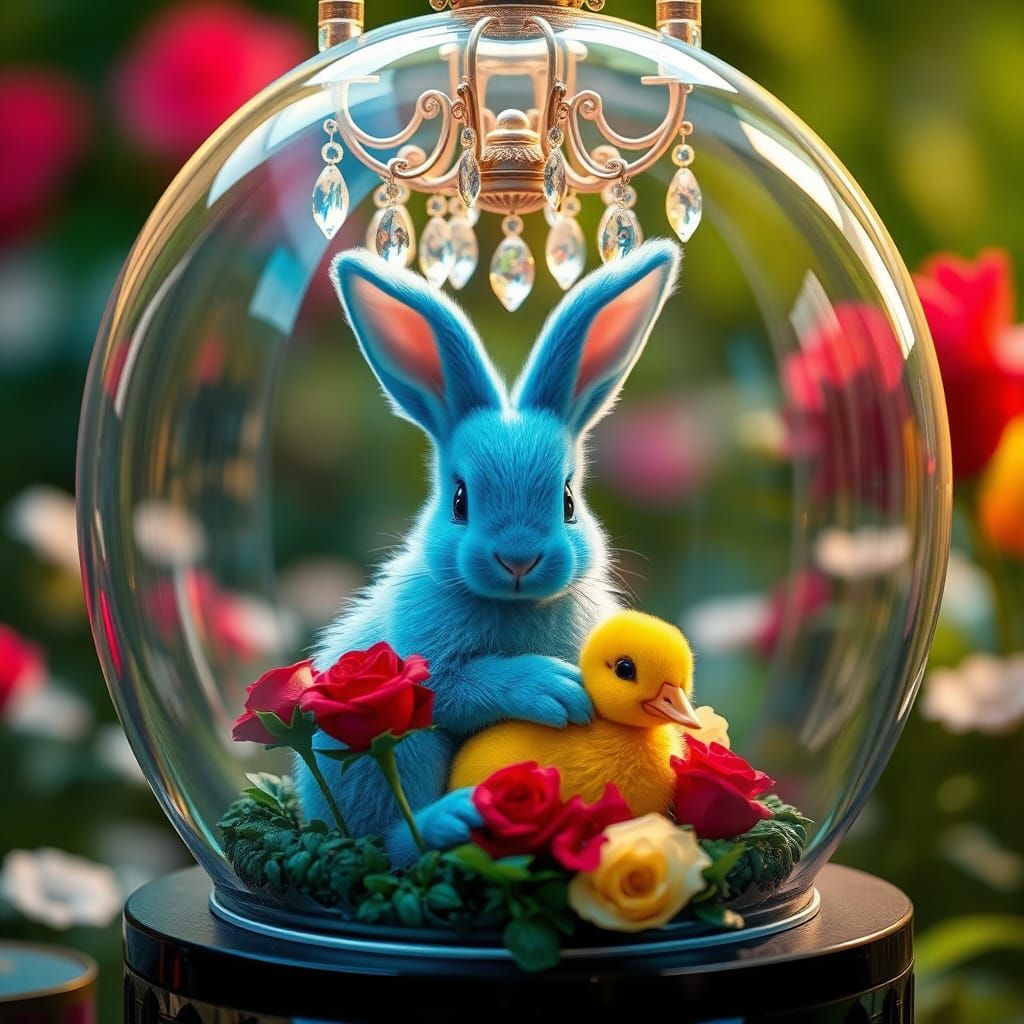 Azure Bunny and Duckling Under Chandelier