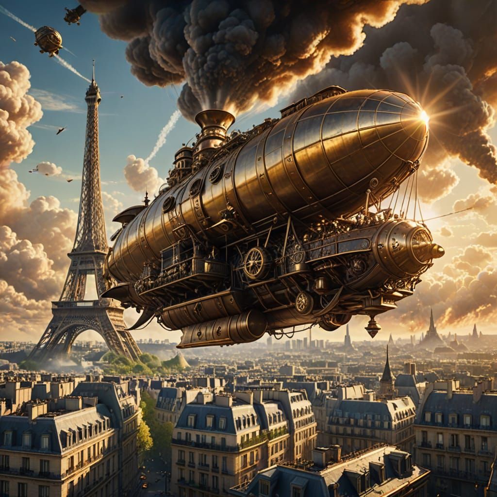 Steampunk Airship Soars Over Paris in Golden Light