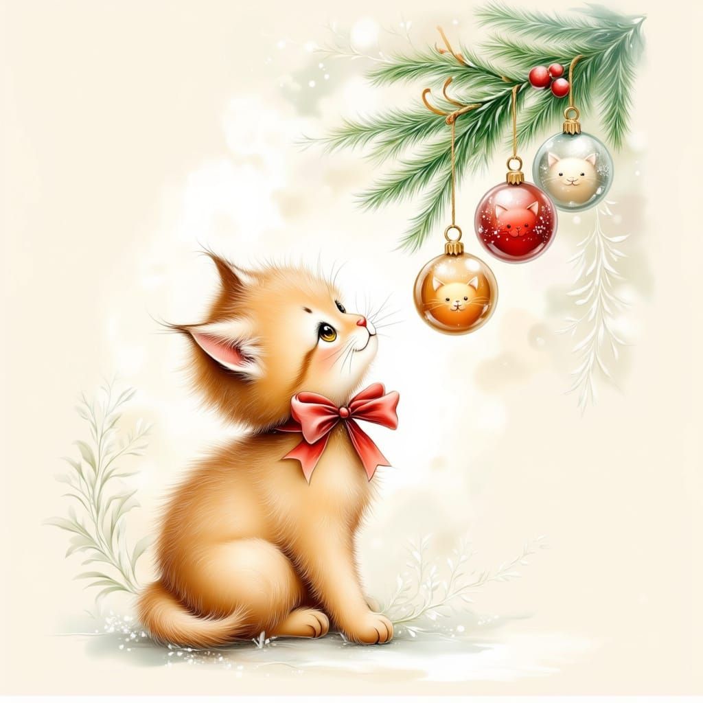 Vintage Kitten Christmas Card Illustration in Delicate Brush...