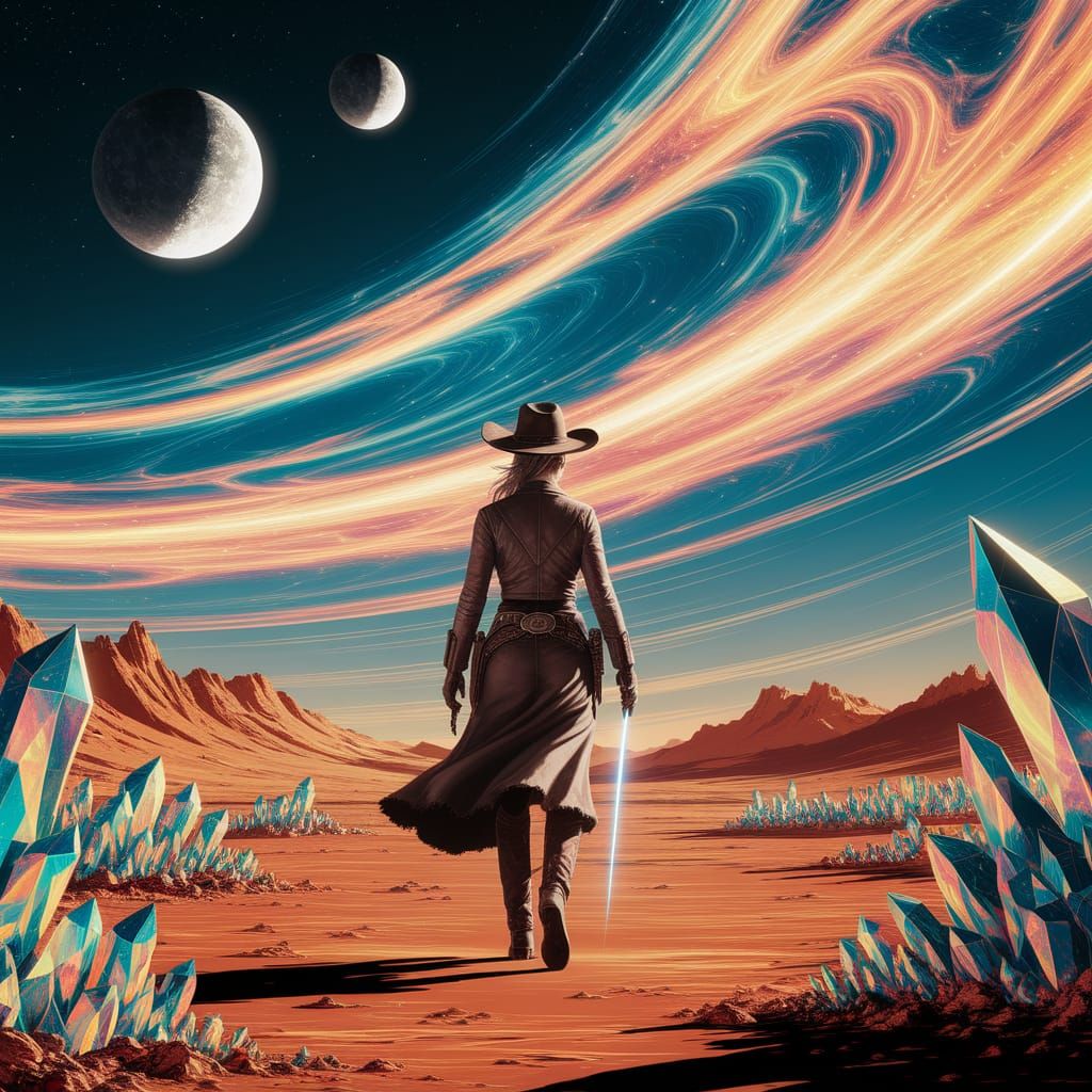 Cowgirl on Alien Plains Under Twin Moons